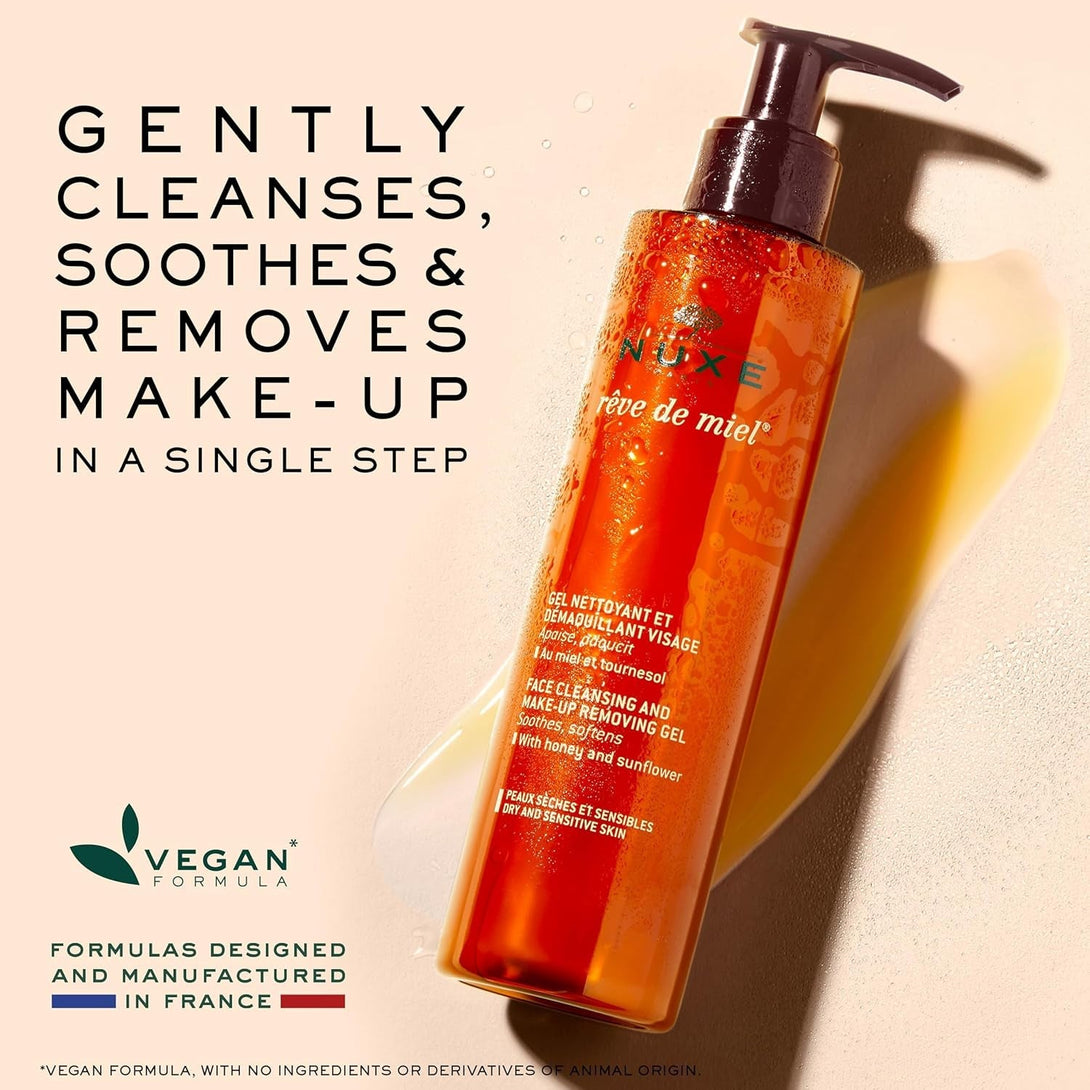 Nuxe Rêve De Miel Facial Cleanser & Makeup Removing Gel - Soothing Softening Cleanser with Honey & Sunflower - 6.7 Fl.Oz