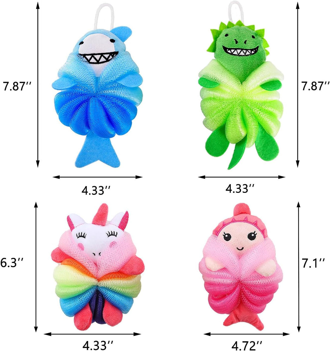 4 Pack Fun Bubble Bath Kid Loofahs, Cute Animal Loofah Bath Sponge, Shower Puffs Body Scrubber, Cute Sponges