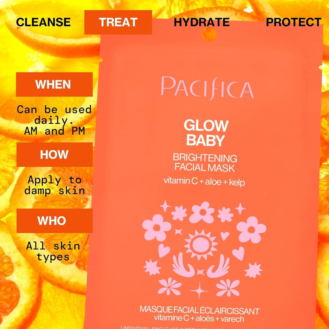 Pacifica Sheet Face Mask - Glow Baby Brightening Facial Mask W/Vitamin C, Aloe & Kelp – Cooling Mask for Dark Spots & Fine Lines - Clean Beauty Vegan & Cruelty-Free Dermatologist Tested