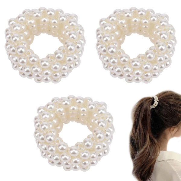 3 Pcs White Pearl Hair Bands for Women Girls, Pearl Bead Elastic Band Hair Elastic Hair Bands Ties for Women Ponytail Holder and Beauty and Personal Care
