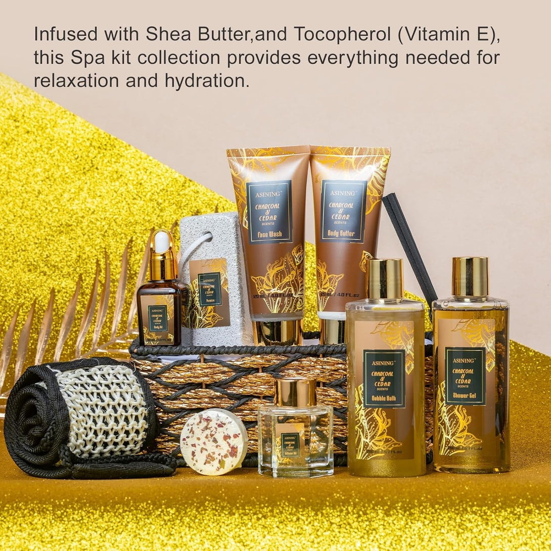 Spa Set for Women & Mens Gift, Relaxing Gifts for Men, Mothers Day Gifts with 14PCS Charcoal & Cedar Scents Spa, Includes Bubble Bath, Shower Gel, Body Butter, Spa Kit for Mans Gift Set