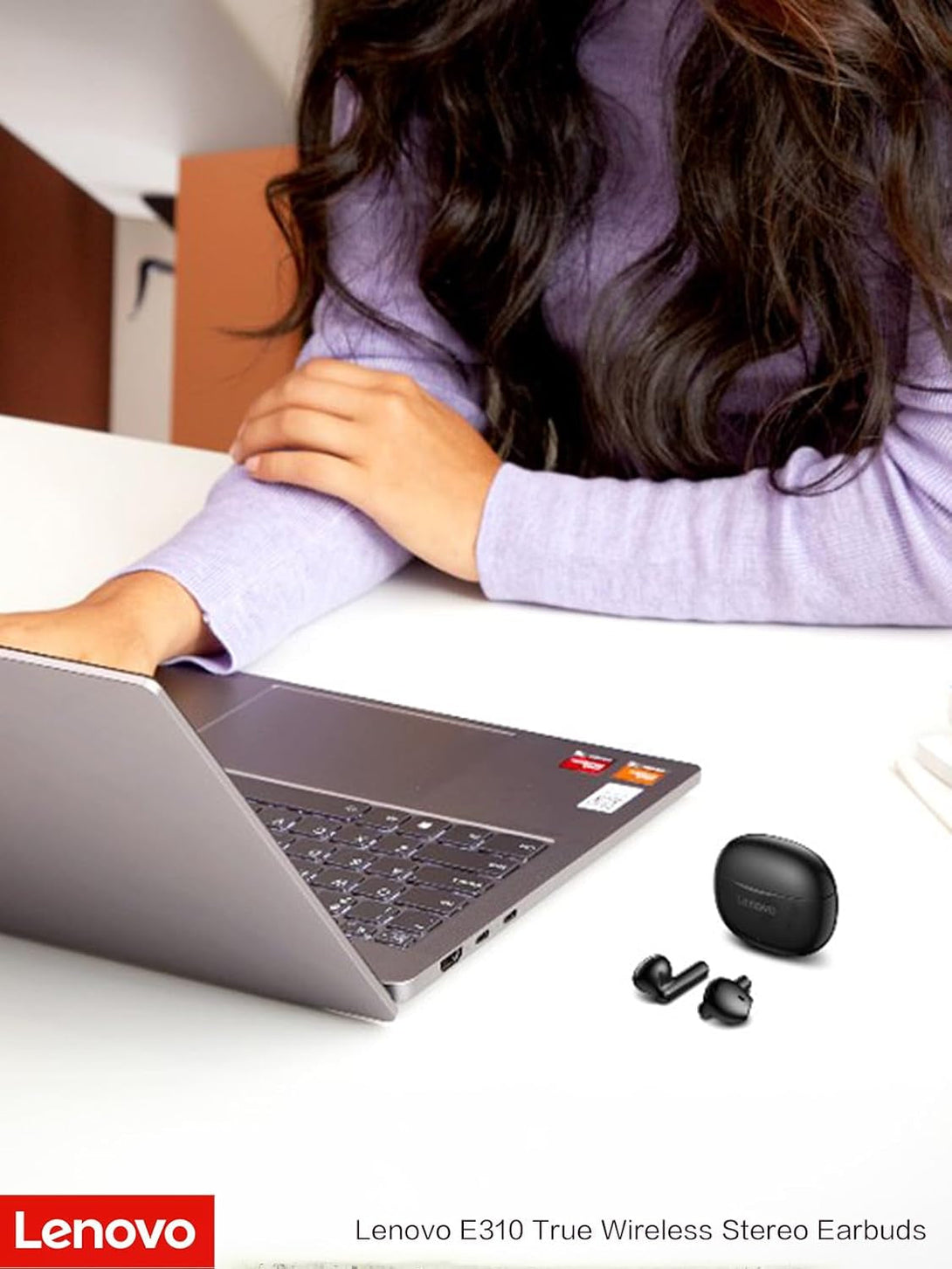 Lenovo E310 True Wireless Stereo Earbuds Bluetooth 5.3 ENC Noise-Cancelling Earbuds with 13Mm Speaker Type-C Charging 20H Battery Life for Music Calls Comfortable Fit Wireless Earbuds - Black