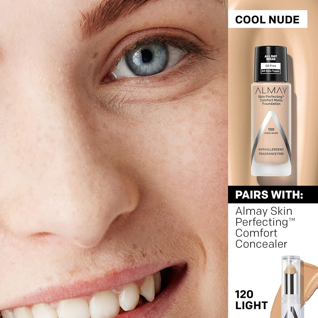 Almay Skin Perfecting Comfort Matte Foundation, Hypoallergenic, Cruelty Free, -Fragrance Free, Dermatologist Tested Liquid Makeup, Cool Nude