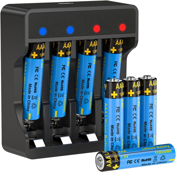 Battery Charger with 8 Pack Rechargeable AAA Lithium Batteries,1.5V 3000Mwh Lithium Rechargeable Battery with AA/AAA Charger for Electric Toys, Remote,Flashlight,Electronic Scale Etc.