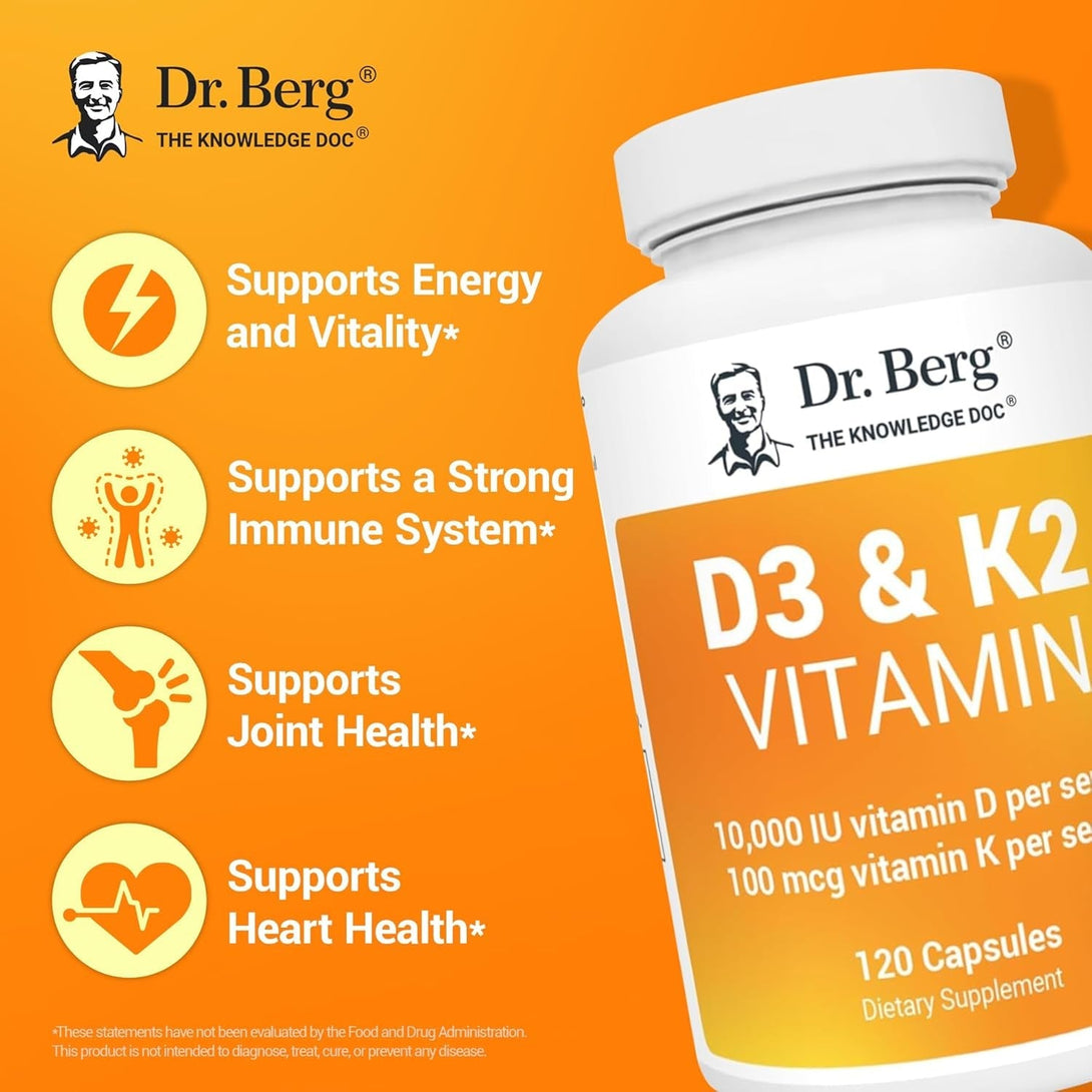 Dr. Berg Vitamin D3 K2 W/Mct Powder - Includes 10,000 IU of Vitamin D3, 100 Mcg MK7 Vitamin K2, Purified Bile Salts, Zinc & Magnesium for Ultimate Absorption - K2 D3 Vitamin Supplement - 120 Capsule