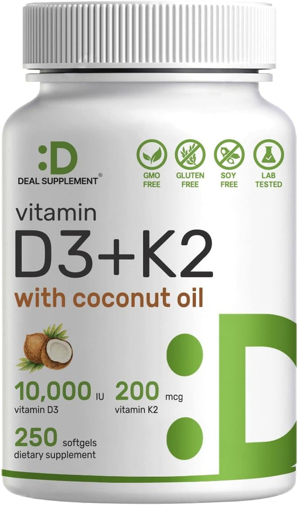 DEAL SUPPLEMENT Vitamin D3 10,000 IU + K2 MK7 200 Mcg, Infused with Virgin Coconut Oil, 250 Softgels, Double Strength Vitamin D & K, Promotes Heart, Bone & Teeth Health - Very Easy to Swallow