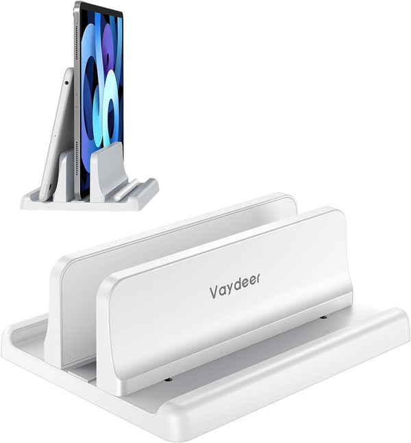 Vaydeer Vertical Laptop Stand Holder Plastic Adjustable Desktop Notebook Dock Space-Saving 3 in 1 for All Macbook Pro Air, Mac, HP, Dell, Microsoft Surface, Lenovo, up to 17.3 Inches (White)