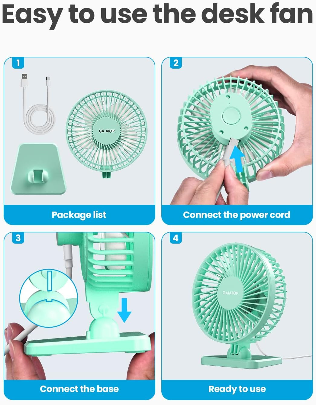 Gaiatop USB Desk Fan, Small but Powerful, Personal Portable Quiet 3 Speeds, Adjustable Mini Table Desktop Fan for Cooling Home Office Car Summer Travel Gifts Green