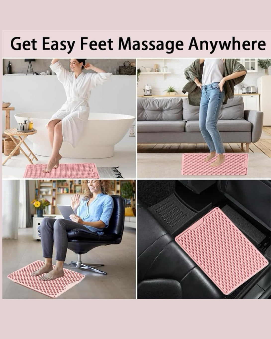 Silicone Acupressure Foot Massage Mat – Dual-Sided Reflexology Mat with Star & Diamond Bumps, Washable Relief Pad for Plantar Fasciitis, Heel Pain, Standing Desk – Connectable Design (Pink, M)