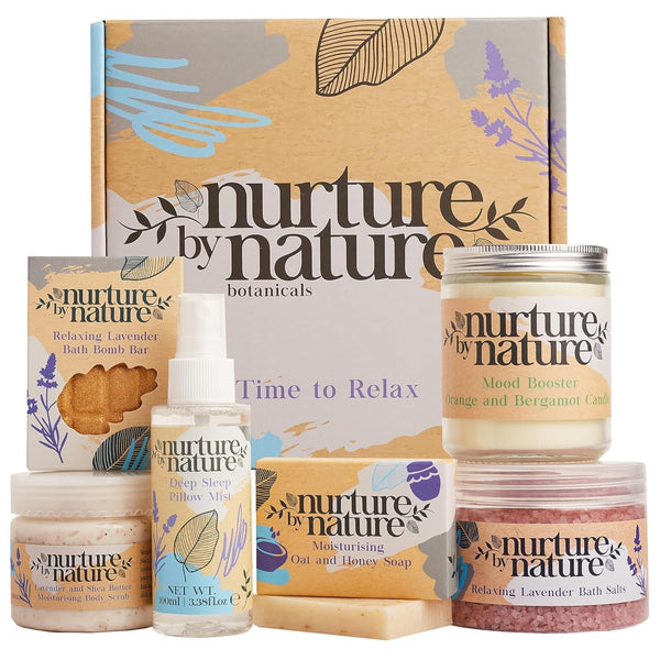 Nurture by Nature RELAX & CALM Spa Kit - Mothers Day Gifts - Spa Gift Baskets for Women, Complete Bath Sets for Women Gift - Lavender Pillow Mist, Bath Salts, Bath Bomb - Self Care Gift Basket