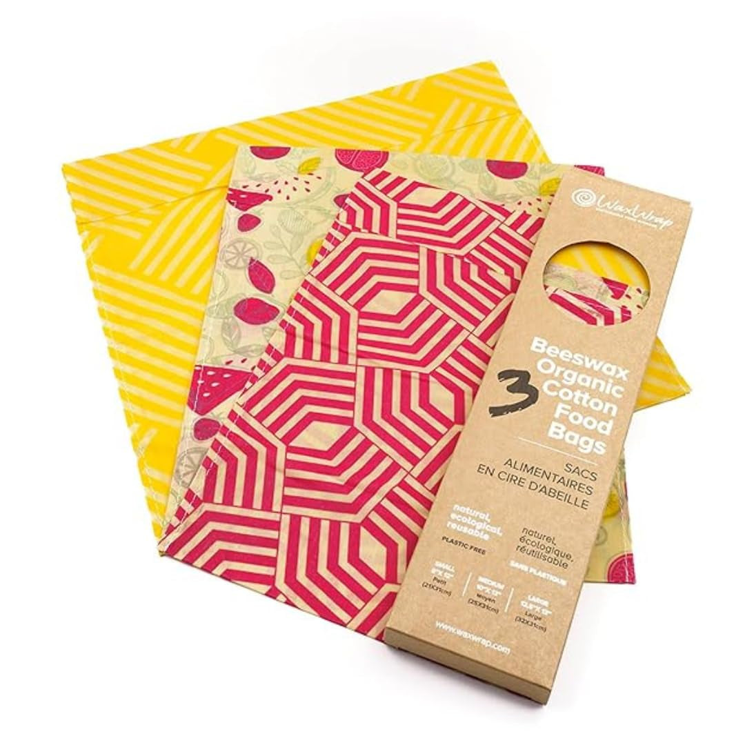 Waxwrap Beeswax Wraps for Food, Organic Cotton Food Bags - Sustainable Plastic Bag Alternative, Reusable Snack Bags, Bees Wax Wraps Reusable Food Storage - Assorted 3 Pack (S, M, L)