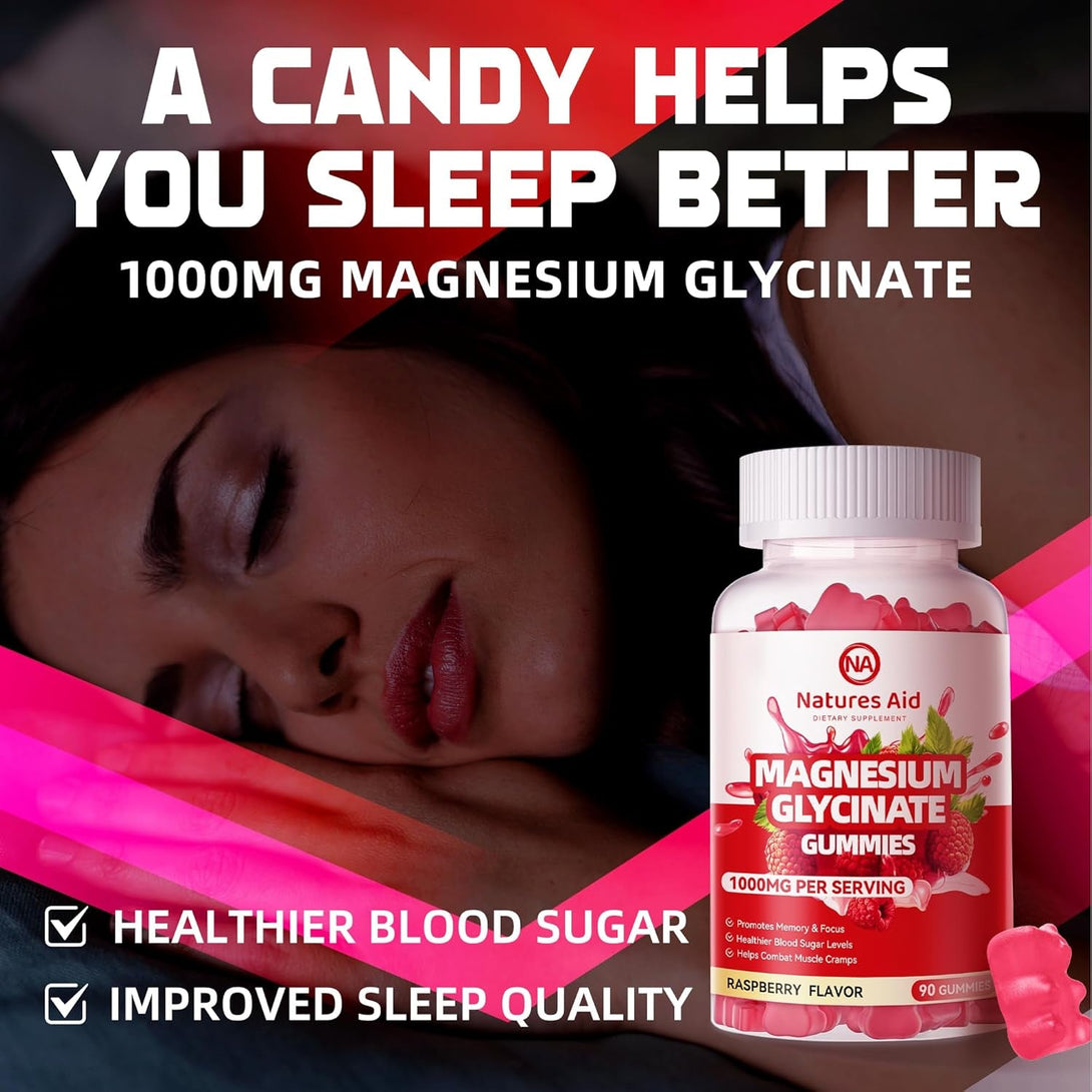 Magnesium Glycinate Gummies 1000Mg - Sugar Free Magnesium Potassium Supplement with Vitamin D, B6, Coq10 for Calm Mood & Sleep Support - 180 Raspberry Gummies.
