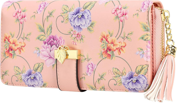 RFID Wallets for Women with Multiple Card Slots and Cellphone Compartment, Womens Wallet(Pink Rattan)