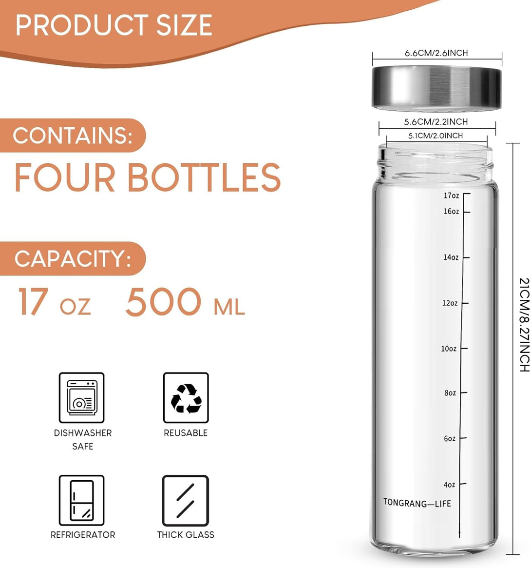 17Oz Glass Juice Bottles with Lids- 4 Pack Glass Shaker Bottles with Lid for Protein Mix,Juicing,Beverage,Water,Smoothies, Milk,Reusable Mason Jars,Water Bottle