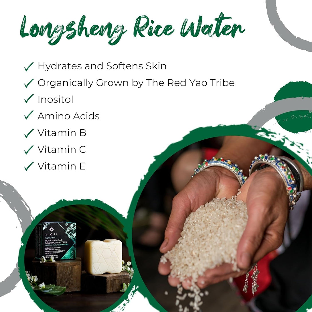 Viori Serenity Body Wash Bar -120 Gram Natural Aloe Scent - Body Soap Bar with Handcrafted with Longsheng Rice Water & Natural Ingredients - Sulfate-Free, Paraben-Free, 100% Vegan, Zero-Waste