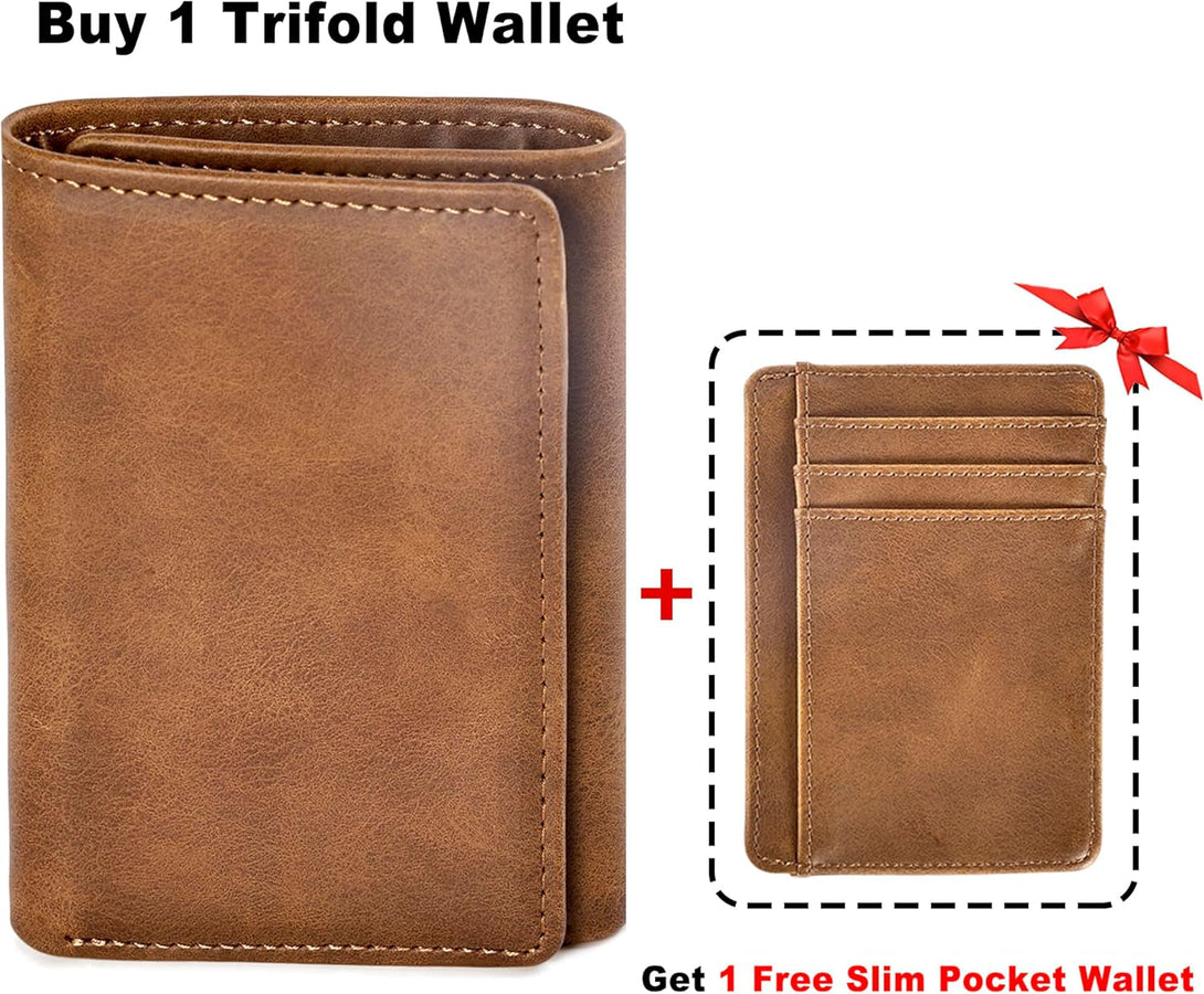 Trifold Wallet for Men Wallets with 8 Card Slot and 2 Money Pocket and 1 Clear Windows Slot + 1 Slim Card Pocket for Credit Card with 6 Card Slot and 1 Transparent Windows Slot - Brwon