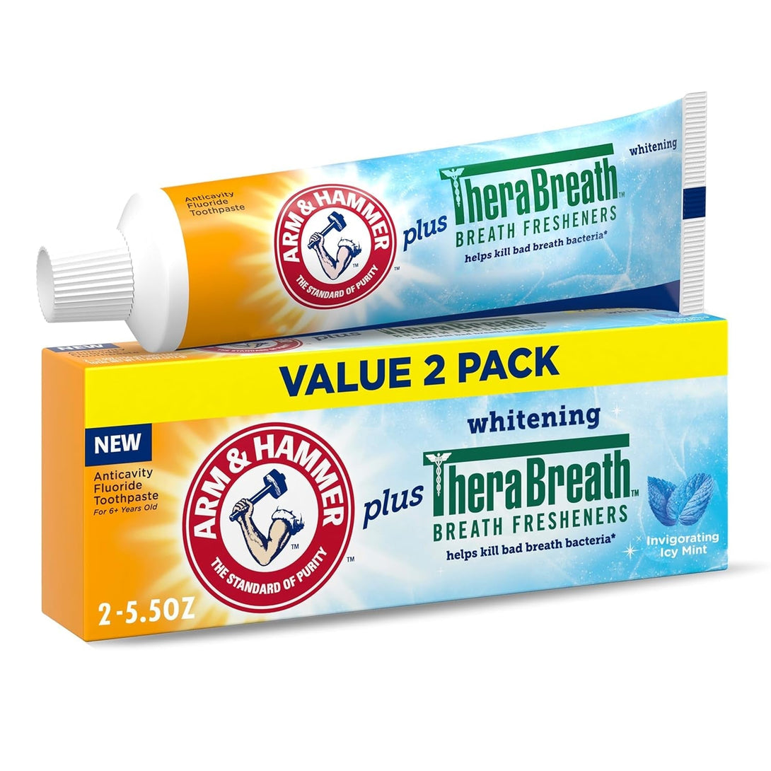 ARM & HAMMER Toothpaste plus Therabreath Breath Fresheners, Invigorating ICY Mint Flavor, Whitening Anticavity Fluoride Toothpaste for Bad Breath, 5.5 Oz (Pack of 2)