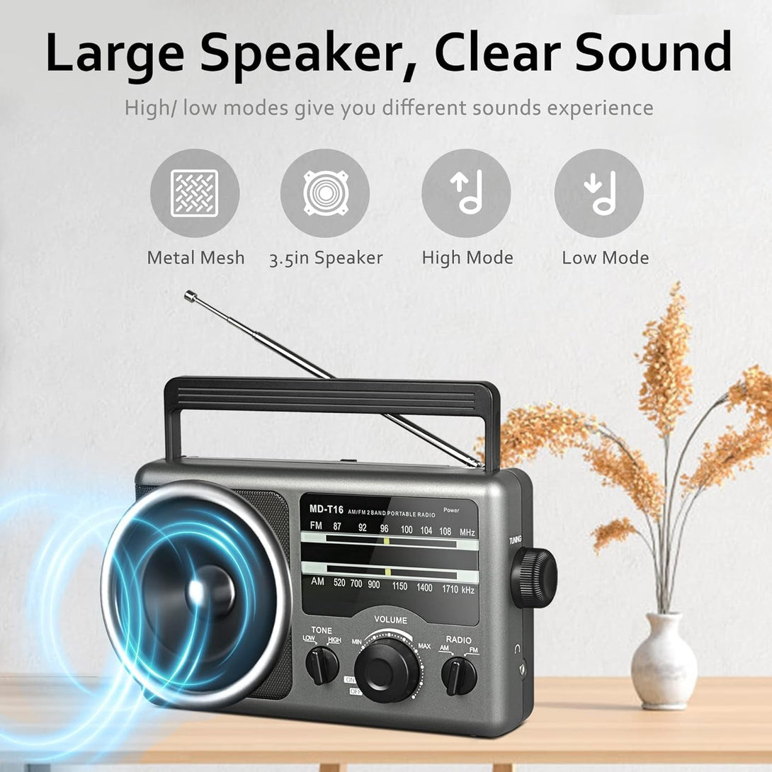 AM FM Portable Radio Battery Operated by 4X D Cell Batteries or AC Power Transistor Radio with and Big Speaker, Standard Earphone Jack, High/Low Tone Mode, Large Knob