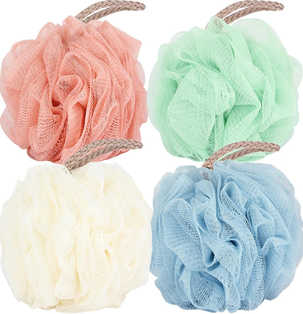 Fu Store Loofah Sponge Shower Loofahs 50G Bath Sponges Mesh Balls 4 Colors for Body Scrubber Exfoliator Wash Back Scrubber Bathroom Men Women - 4 Pack Scrubbers Cleaning Bathing Accessories