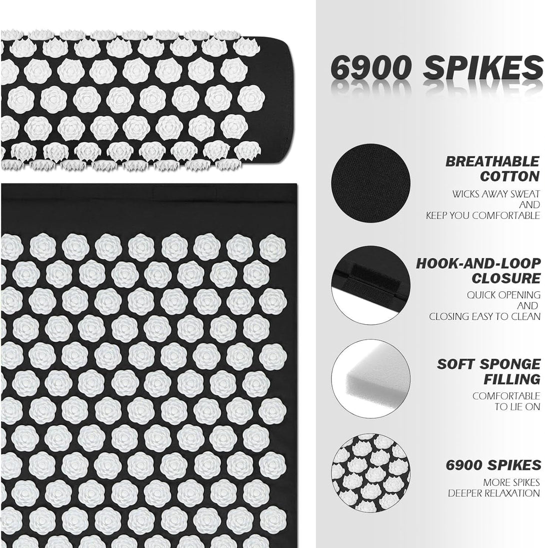 Acupressure Mat Set, Acupuncture Point Massage Pillow, Relieving Back and Neck Pain, Muscle Relaxation and Stress Reduction, Sciatica Relief, Suitable for Men and Women, Black White
