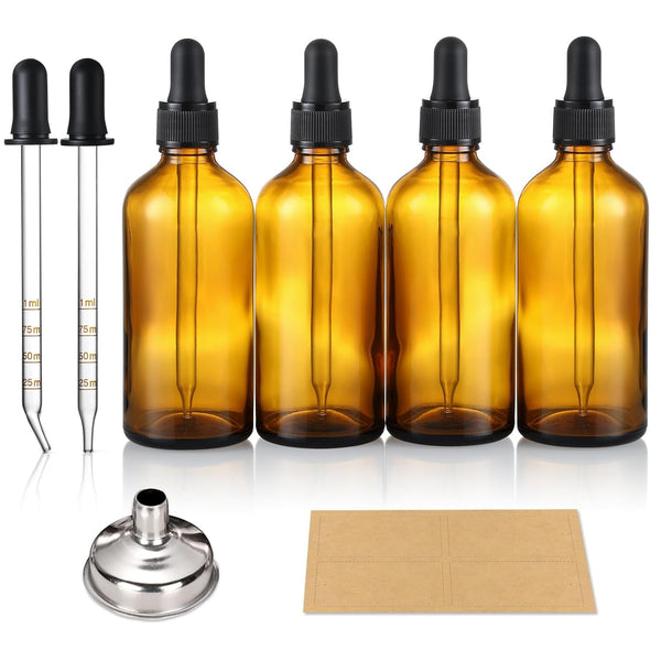 4 Pack, 100Ml Dropper Bottles with 2Pcs Glass Pipettes(1Ml) - Essential Oils Bottles for Health, Personal Care & Beauty - 3.4Oz Thick Dark Amber Glass Tincture Bottles with Eye Droppers, Leakproof