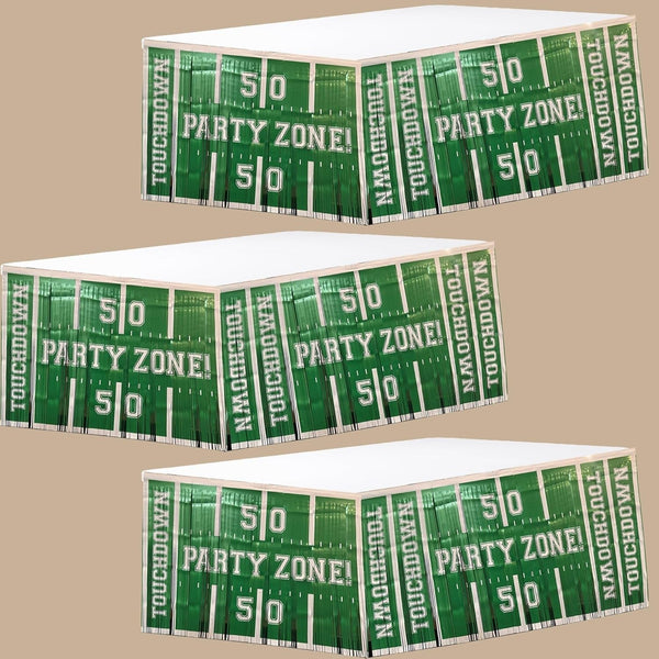 3 Pack Football Party Zone Metallic Fringe Table Skirt, Green and White, 50 Yard Line Design, Game Day Decoration, Footbale Table Decoration