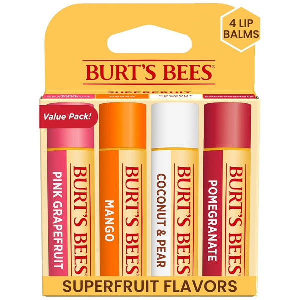 Burt'S Bees Lip Balm - Pink Grapefruit, Mango, Coconut & Pear, and Pomegranate Pack, Lip Moisturizer with Beeswax, Tint-Free, Natural Origin Conditioning Treatment, 4 Tubes, 0.15 Oz.