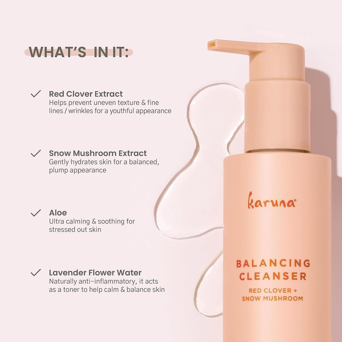 Karuna Balancing Facial Cleanser with Red Clover, Snow Mushroom, Lavender Flower Water, Hydrating, Soothing Foaming Face Wash, Facial Cleanser, 150 Ml