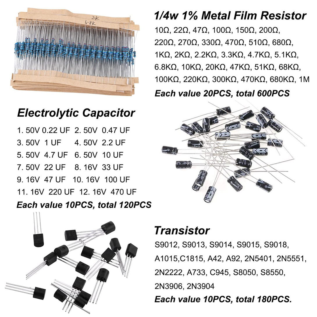 1400Pcs Basic Electronics Component Assortment Kit, Electrolytic Capacitor, Ceramic Capacitor, LED Diode, Common Diode, Resistor, Transistor Component for Arduino, Electronic DIY Project