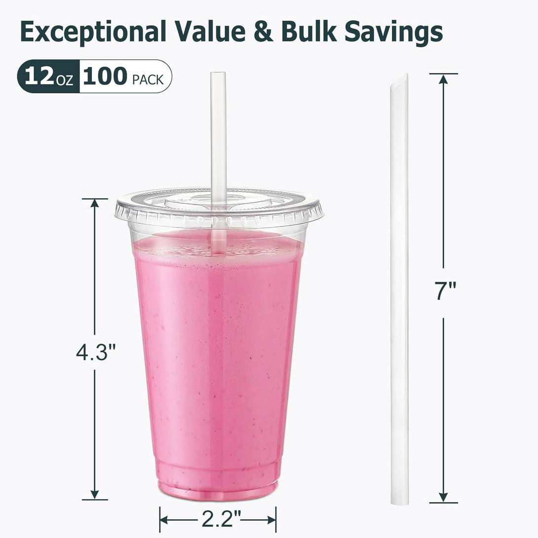 AOZITA [100 Sets] 12 Oz Clear Plastic Cups with Lids and Straws, Disposable Cups with Lids for Iced Coffee, Smoothie, Milkshake and Cold Drinks