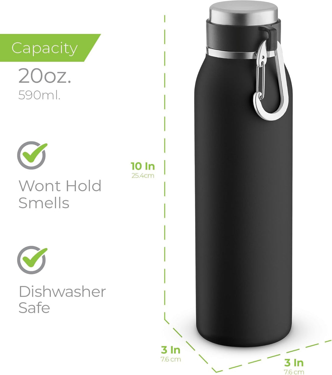 Sipx™ Triple-Insulated Stainless Steel Water Bottle - 20Oz. with Cover Lid, Bpa-Free Reusable Insulated Water Bottle Keeps Cold for 24 Hours, (Black)