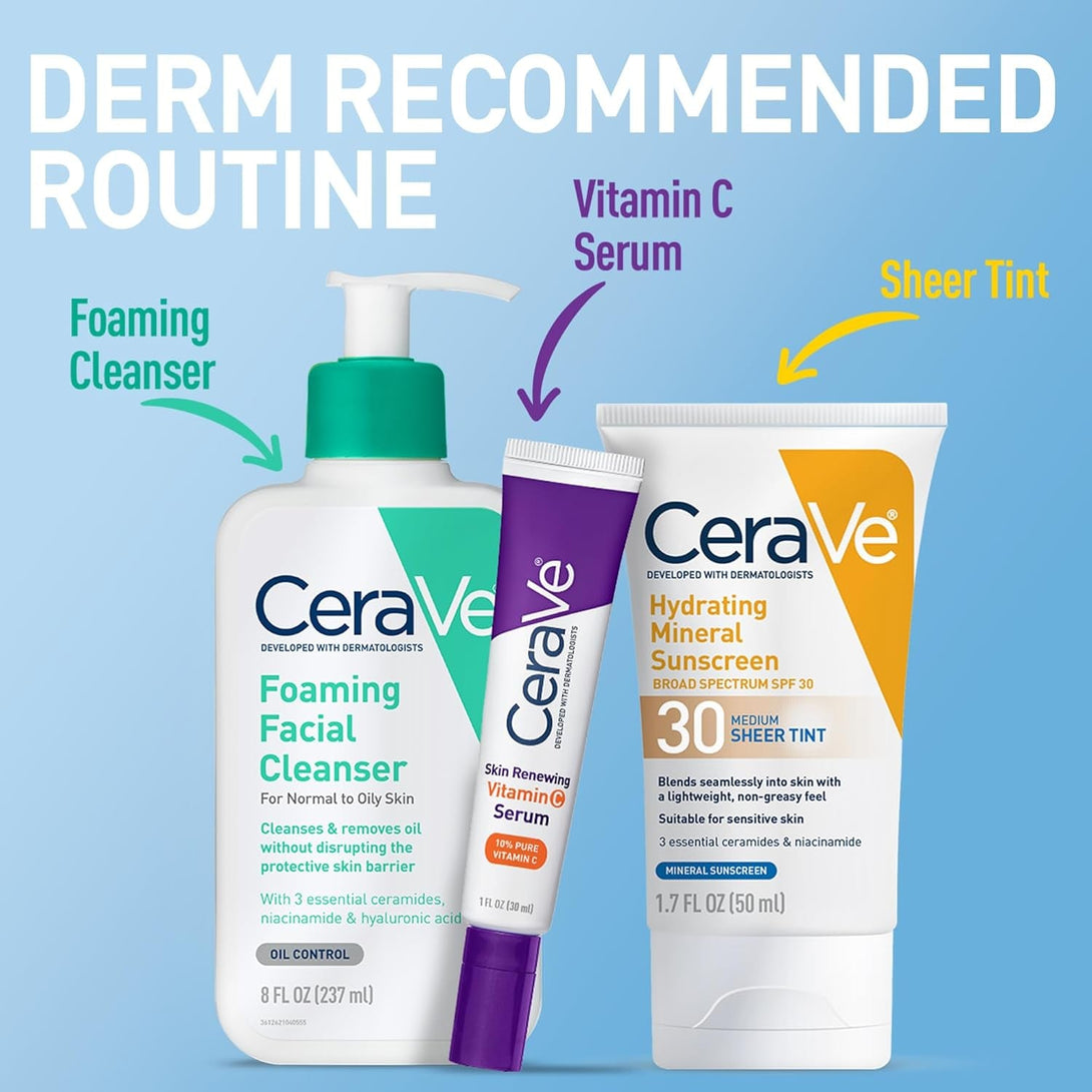 Cerave Hydrating Mineral Sunscreen SPF 30 with Sheer Tint, Tinted Mineral Sunscreen with Zinc Oxide & Titanium Dioxide, Blends Seamlessly for Healthy Glow, Light, 1.7 Oz