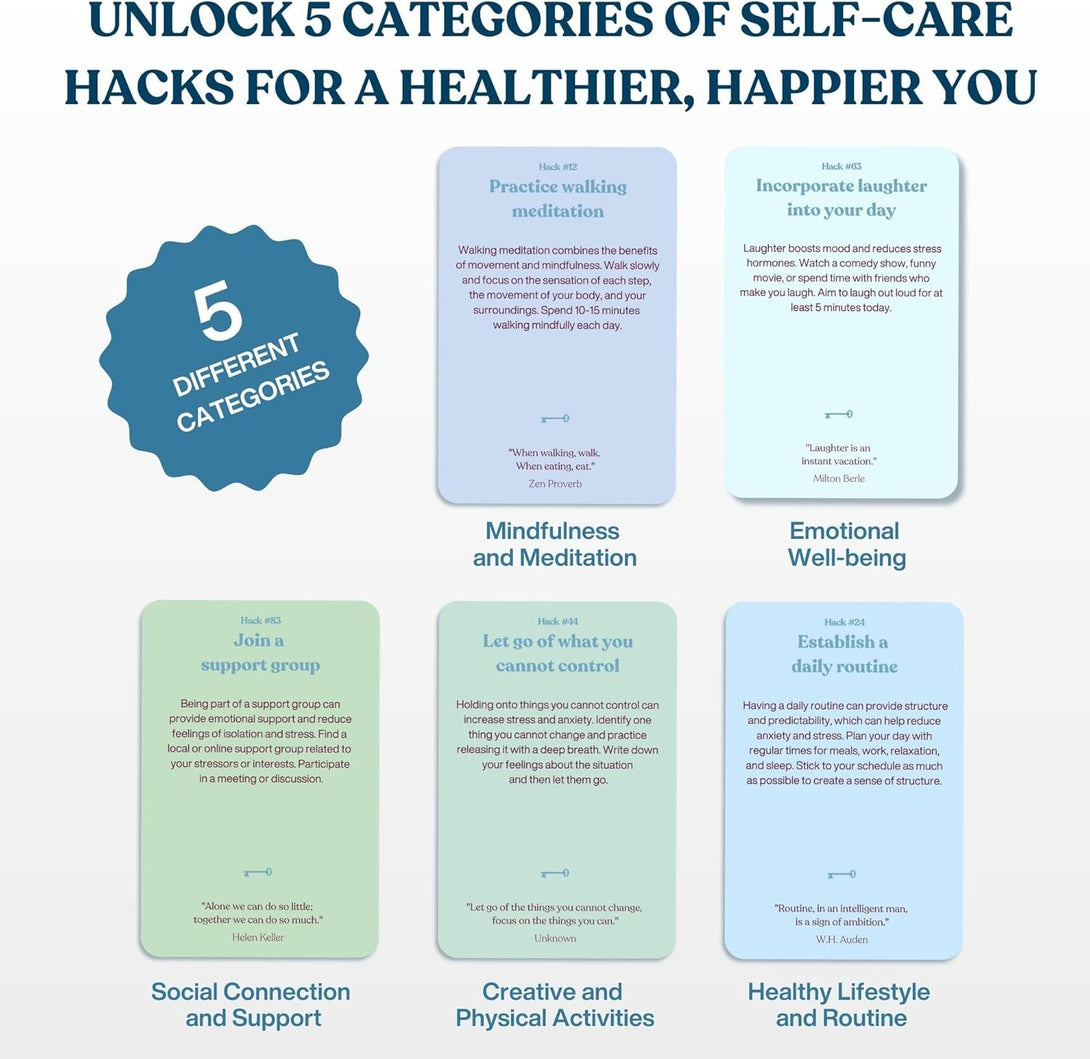 100 Cards with Powerful Hacks & Tips for Healthy Living, Wellness, Mindfulness, Stress Relief, Relaxation, Reduced Anxiety - Self Care Gifts for Women Men Wife Husband Mom Dad Sister Friend Coworker