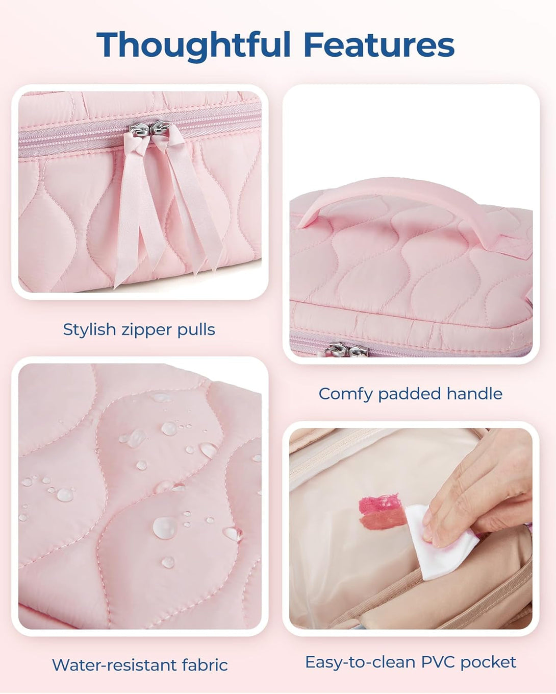 BAGSMART Travel Makeup Bag, 2-Piece Puffy Quilted Cute Make up Bag Cosmetic Bags for Women, Large Wide-Open Toiletry Pouch Gifts for Toiletries Accessories Travelling Essentials, Pink