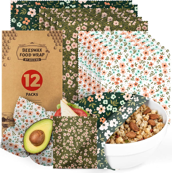 Akeeko Reusable Beeswax Food Wraps - Assorted 12 Pack, Reusable, Plastic-Free Food Storage, Sustainable Gifts, 3 Sizes (6S,4M,2L)