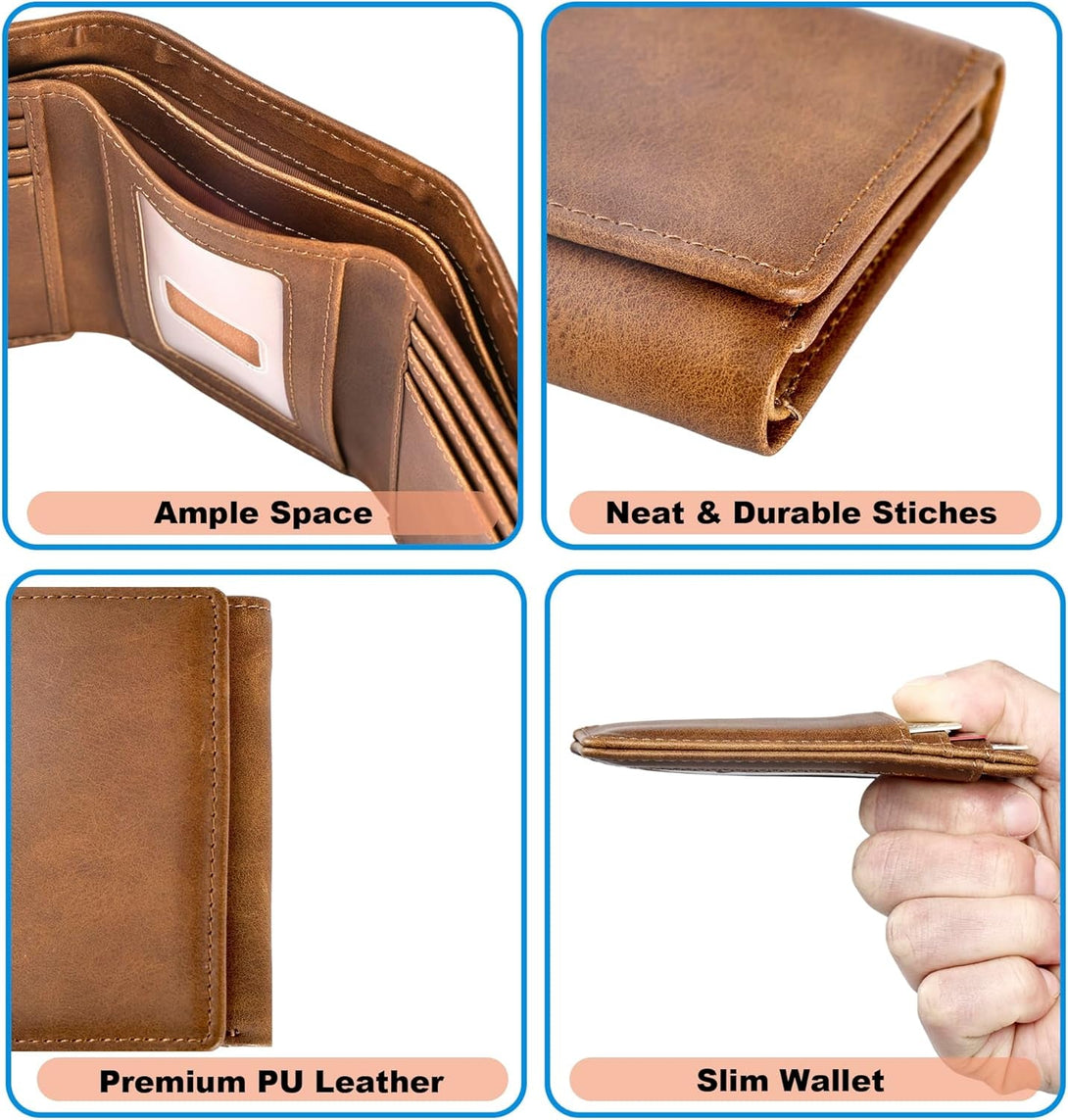 Trifold Wallet for Men Wallets with 8 Card Slot and 2 Money Pocket and 1 Clear Windows Slot + 1 Slim Card Pocket for Credit Card with 6 Card Slot and 1 Transparent Windows Slot - Brwon