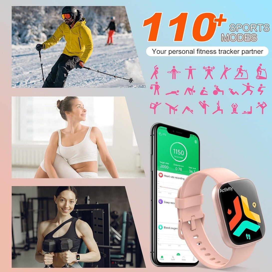 Smart Watch for Men Women(Answer/Make Calls), 1.95" HD Touch Screen Fitness Watch with Sleep Heart Rate Monitor, 110+ Sports Modes, IP68 Waterproof Activity Trackers Compatible with Android Ios, Pink