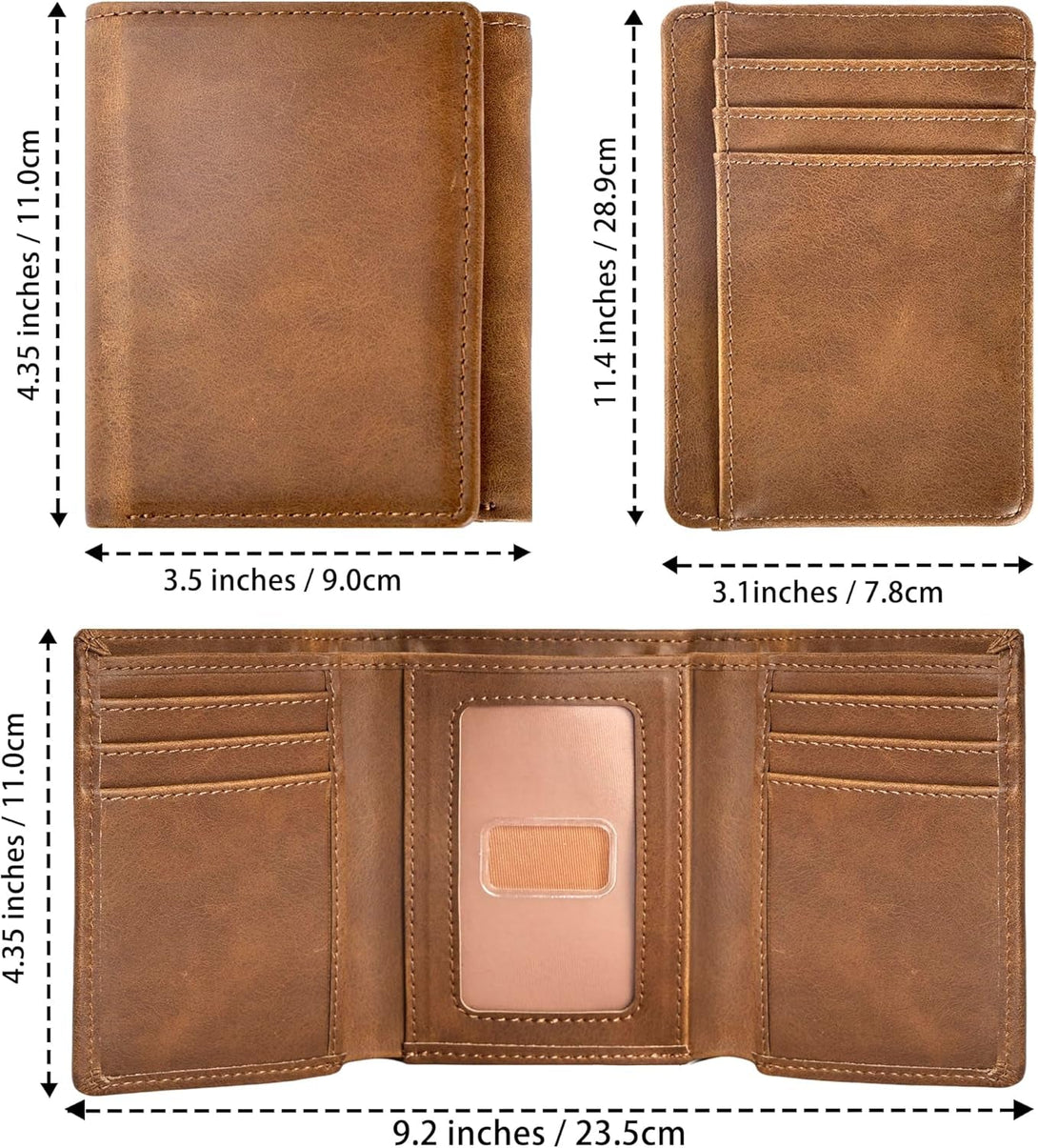 Trifold Wallet for Men Wallets with 8 Card Slot and 2 Money Pocket and 1 Clear Windows Slot + 1 Slim Card Pocket for Credit Card with 6 Card Slot and 1 Transparent Windows Slot - Brwon