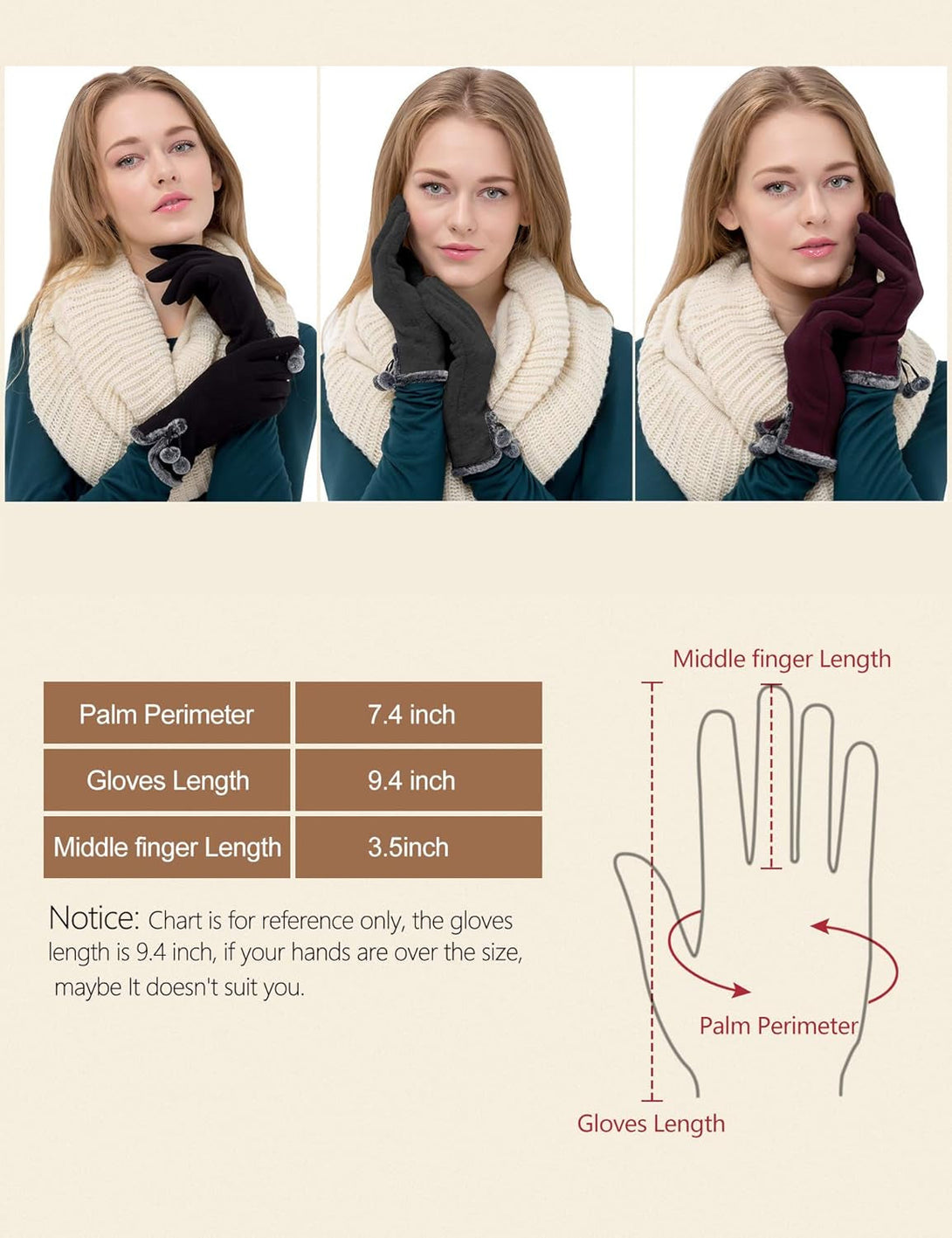 Dimore 3 Pairs Winter Gloves for Women Cold Weather Girls with Touch Screen Fingers Warm Thick Texting Bulk Wholesale