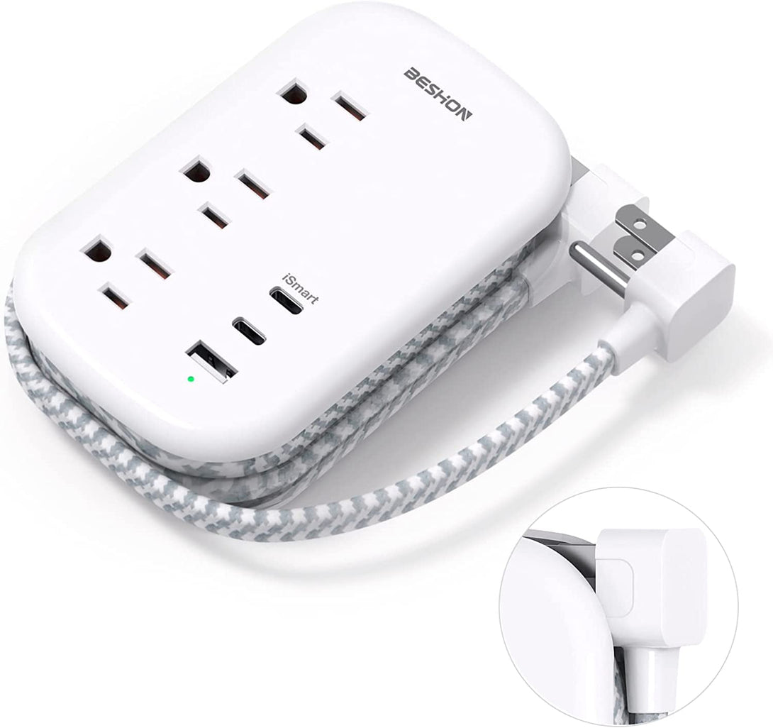 BESHON Flat Plug Power Strip, 3 Outlets with 3 USB Ports(2 USB C), Ultra Flat 3.2Ft Wrapped around Extension Cord for Cruise Ship, Travel, Dorm Room Essentials