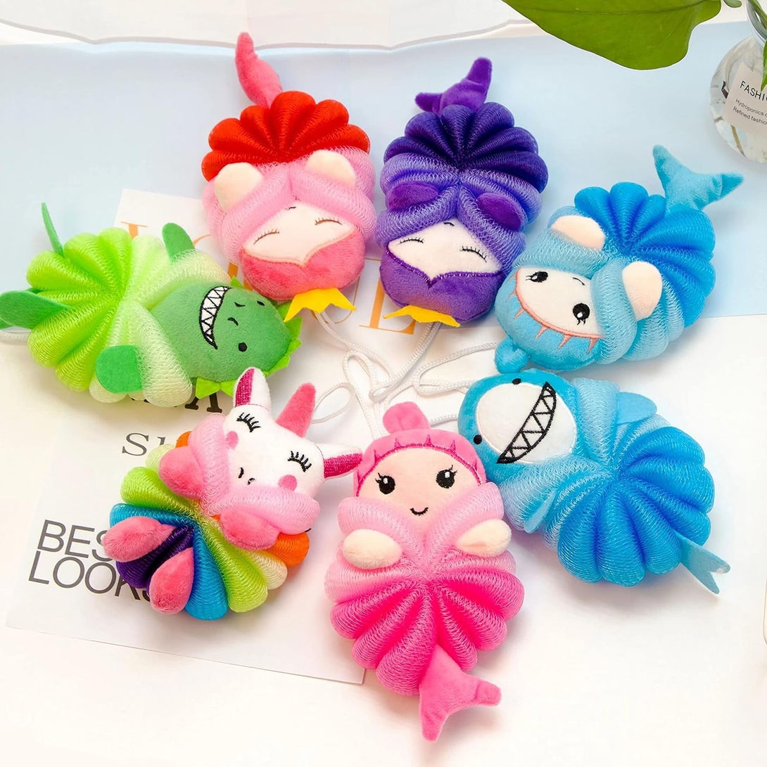 MURRI&MURRDI 4 Pcs Bath Loofah for Kids Bath Sponge, Lovely Animal Body Scrubber Kids Toddler Body Loofah Cute Cartoon Kids Bath Pouf Mesh Loofah Sponge for Children Shower 55G (4 Cartoon B)