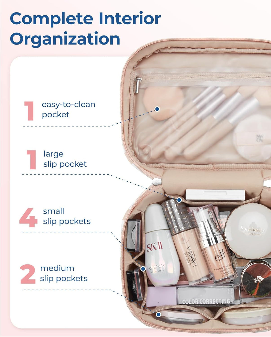 BAGSMART Travel Makeup Bag, 2-Piece Puffy Quilted Cute Make up Bag Cosmetic Bags for Women, Large Wide-Open Toiletry Pouch Gifts for Toiletries Accessories Travelling Essentials, Pink