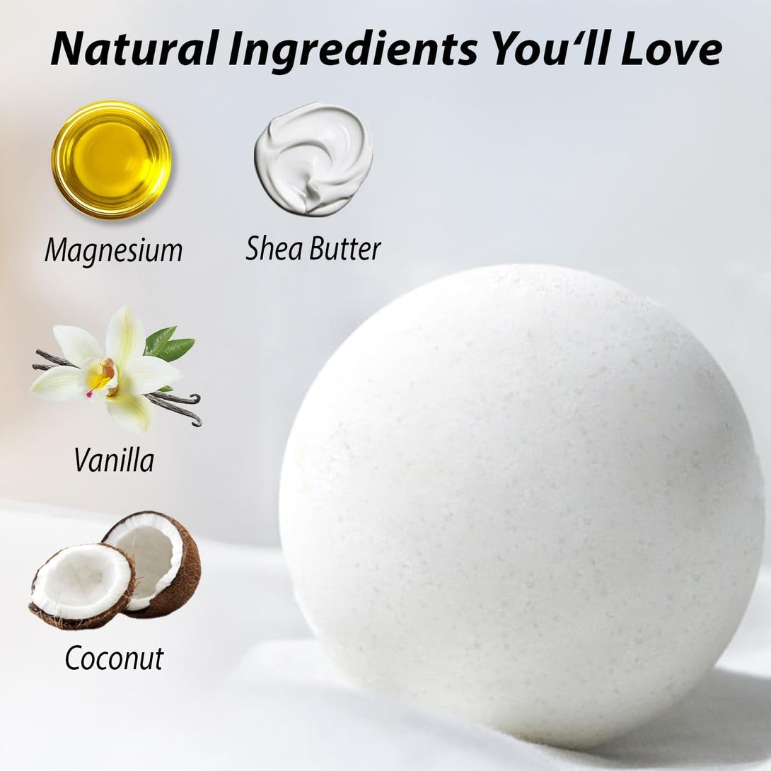 Magnesium Bath Bombs Post Workout Recovery Sore Muscles Tension Epsom Salt Bath Infused with Vanilla Sheabutter Coconut Perfect Stocking Stuffers Gift