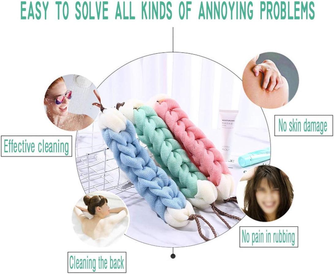 Aarainbow 4 Packs Long Stretch Back Sponge with Rope Handles Back Scrubber Body Sponges for Bathing, Bath Shower Mesh Sponge Body Deep Cleaning for Men & Women (Blue+Grey+Green+Pink)