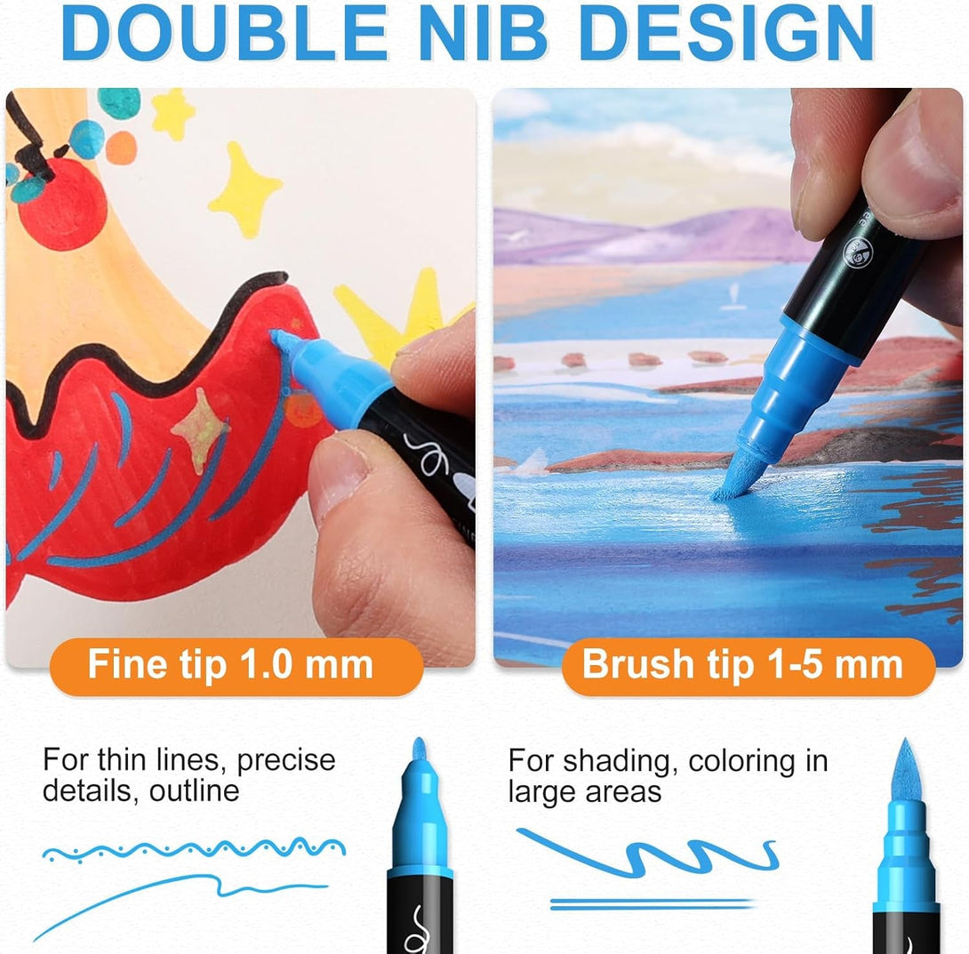 30 Colors Acrylic Paint Markers, Waterproof Dual Tip Acrylic Paint Pens with Brush and Fine Tip, Markers Set for Paper, Rock, Wood, Canvas, Glass, Ceramic and DIY Crafts Making Art Supplies