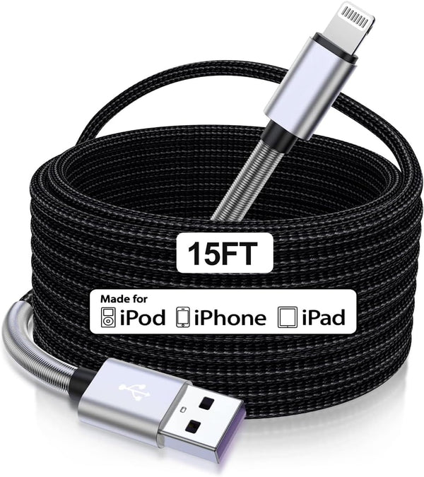 Cabepow 15 FT Extra Long Iphone Charger Cord,[Apple Mfi Certified] Long Apple Lightning Cable 5M,2.4A Nylon Braided Iphone Fast Charging Cord for Iphone 14/14Pro/13/12/11/11Pro/X/Xs/Xr/Xs Max/8/7