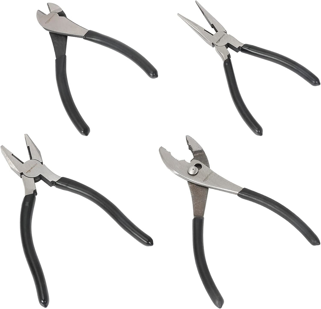 Amazon Basics Pliers Set, Hand Tools for Precision, Set of 4, Black and Silver