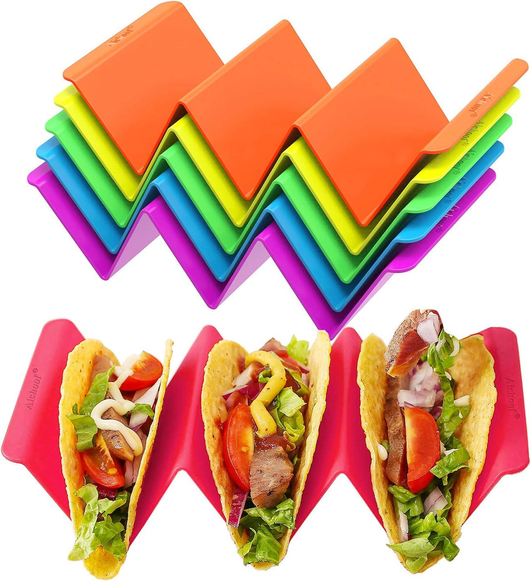 Aichoof Colorful Taco Holder Stands Set of 6 - Premium Large Tray Plates Holds up to 3 or 2 Tacos Each, PP Health Material Very Hard and Sturdy, Dishwasher & Microwave Safe