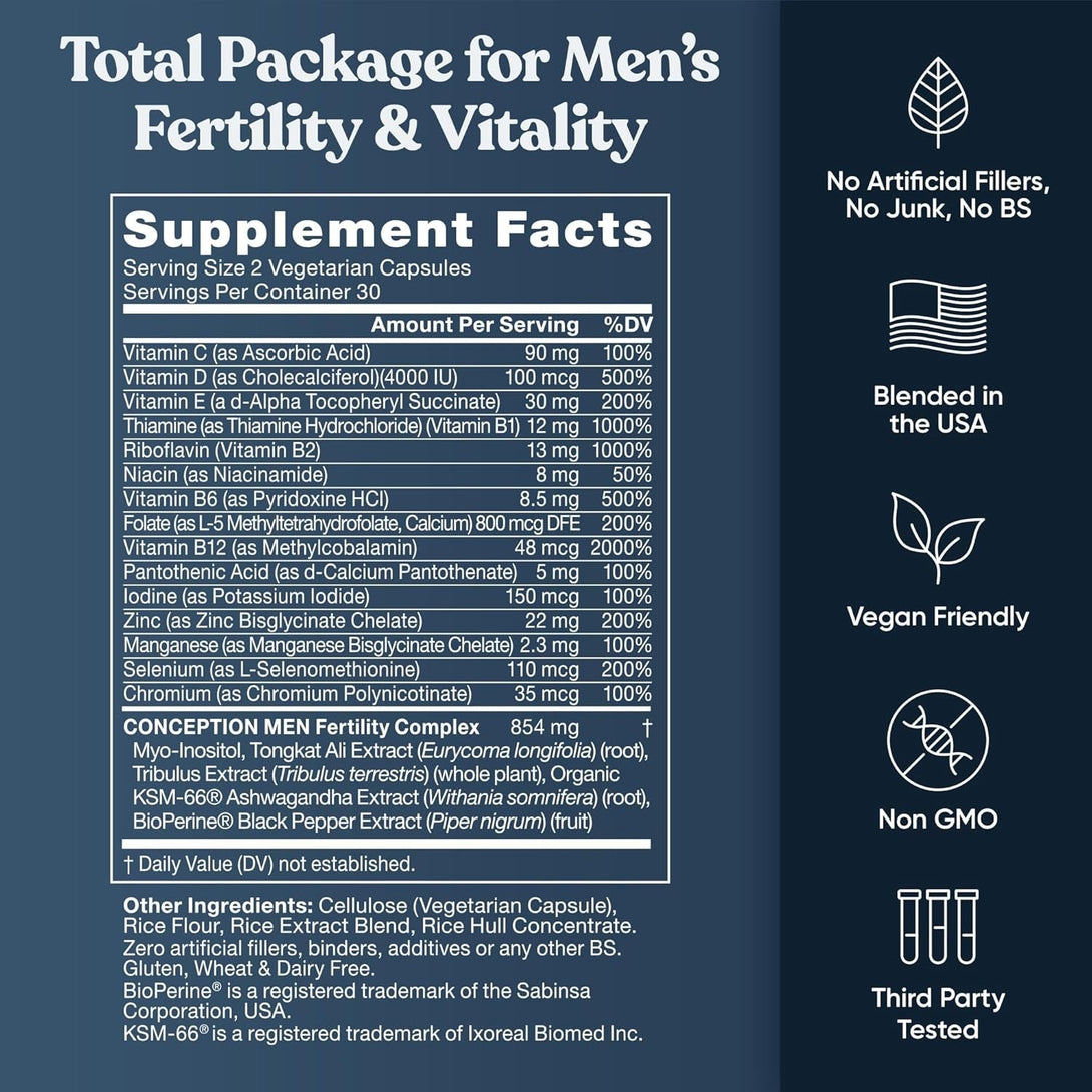 Conception for Him – Fertility Supplements for Men, Male Fertility Booster & Prenatal – Optimal Sperm Count, Motility Strength – Ashwagandha, Folate Folic Acid,Magnesium & Zinc – 60 Veg Soft Capsules