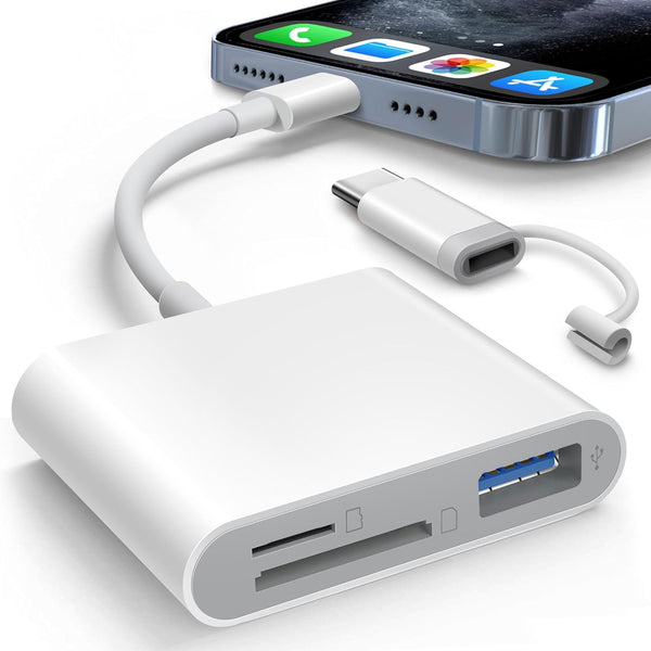 SD Card Reader for Iphone Ipad Built-In Lightening & USB-C Dual Connectors Card Adapter with SD Microsd USB-A 3 Slots Trail Camera Memory Card Viewer, Portable No App Required Plug and Play